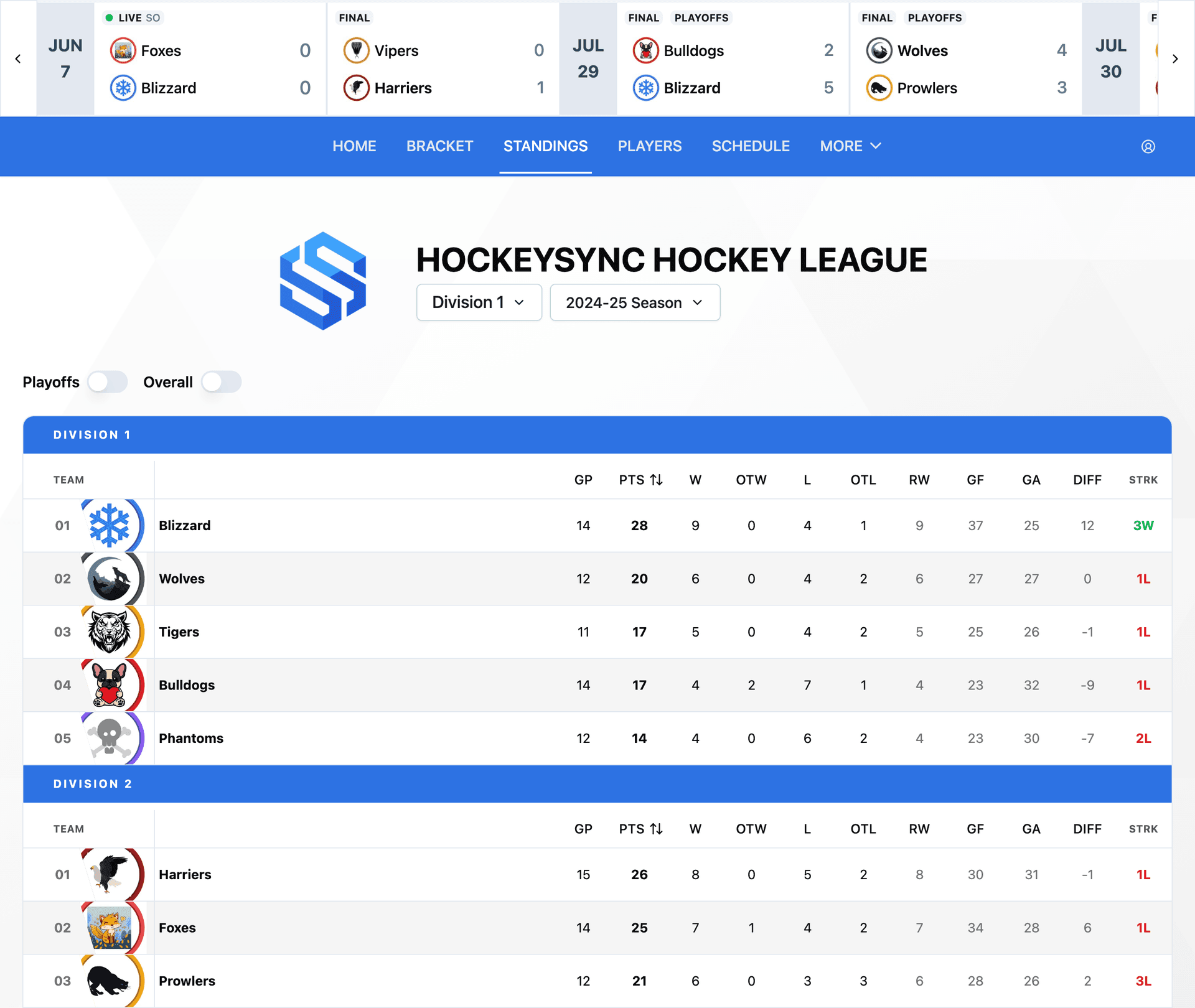 Live League Standings feature screenshot